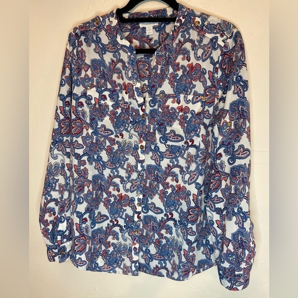Charter Club~Paisley Print Button-Up Blouse~Sleeve & Shoulder Tabs~ Size L